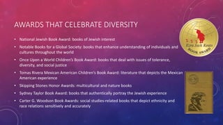 AWARDS THAT CELEBRATE DIVERSITY
• National Jewish Book Award: books of Jewish interest
• Notable Books for a Global Society: books that enhance understanding of individuals and
cultures throughout the world
• Once Upon a World Children’s Book Award: books that deal with issues of tolerance,
diversity, and social justice
• Tomas Rivera Mexican American Children’s Book Award: literature that depicts the Mexican
American experience
• Skipping Stones Honor Awards: multicultural and nature books
• Sydney Taylor Book Award: books that authentically portray the Jewish experience
• Carter G. Woodson Book Awards: social studies-related books that depict ethnicity and
race relations sensitively and accurately
 