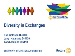 2016 ROTARY INTERNATIONAL CONVENTION
Diversity in Exchanges
Sue Goldsen D-6400,
Jany Hatanaka D-4430,
Todd Jenkins D-6110
 