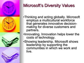 Microsoft’s Diversity Values • Thinking and acting globally. Microsoft employs a multicultural workforce that generates innovative decision-making for diverse customers and partners. • Innovating. Innovation helps lower the costs of technology. • Showing leadership. Microsoft shows leadership by supporting the communities in which we work and live. 