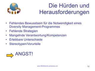 Die Hürden und Herausforderungen Fehlendes Bewusstsein für die Notwendigkeit eines Diversity Management-Programmes Fehlende Strategien Mangelnde Verantwortung/Kompetenzen Erlebbare Unterschiede Stereotypen/Vorurteile ANGST! www.360ofdiverstiy.wordpress.com 