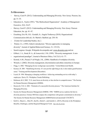 57
5.4 Reverences
- Harvey, Carol P. (2012). Understanding and Managing Diversity. New Jersey: Pearson, Inc.
pp. 51–55.
- Education Jr., Taylor (1991). "The Multicultural Organization". Academy of Management
Executive, 5(2), 34-47.
- Harvey, Carol P. (2012). Understanding and Managing Diversity. New Jersey: Pearson
Education, Inc. pp. 41–47.
- Eisenberg, Eric M.; H.L. Goodall, Jr.; Angela Trethewey (2010). Organizational
Communication (6th ed.). St. Martin's: Bedford. pp. 250–58.
- "Center for Leadership Studies, Inc.".
- Walck, C.L. (1995). Editor's introduction: "Diverse approaches to managing
diversity". Journal of Applied Behavioral Science, 31, 119-23).
- Search engines: Google, Wikipedia Investopedia and www.diversity.com and etc
- Gilbert, J. A., Stead, B. A., & Ivancevich, J. M. (1999). “Diversity management: A new
- organizational paradigm”, Journal of Business Ethics, Vol 21(1): 61–77.
- Konrad, A.M., Prasad, P. & Pringle, J.K., (2006). Handbook of workplace diversity.
- Wrench, J. (2002). Diversity management, discrimination and ethnic minorities in Europe:
- Flagg, A. 2002. “Managing diverse workgroups successfully.” United Behavioral Health.
- Koonce, R. 2001. “Redefining diversity: It’s not just the right thing to do; it also makes good business
sense.” Training and Development (December).
- Loysk, B. 1996. Managing a changing workforce: Achieving outstanding service with today’s
employees. Davie, FL: Workplace Trends Publishing.
- Robinson, K-S. 2002. “U.S. must focus on diversity or face decline in competitiveness.” The Society
for Human Resource Management (SHRM).
- Roosevelt, T.R. Jr. 2001. “Elements of a successful diversity process.” The American Institute for
Managing Diversity.
- Society for Human Resource Management (SHRM). 1998. “SHRM survey explores the best in
diversity practices. Fortune 500 firms outpace the competition with greater commitment to diversity.”
The Society for Human Resource Management (SHRM Retrieved (accessed 13/6/2017)
- Kelli G., Mayra L., Allen W., Karl K., Derek F., and Jennifer L. (2015), Diversity in the Workplace:
Benefits, Challenges, and the Required Managerial Tools http://edis.ifas.ufl.edu
 