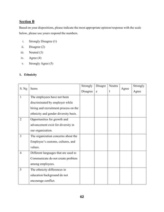 62
Section B
Based on your dispositions, please indicate the most appropriate opinion/response with the scale
below, please use yours respond the numbers.
i. Strongly Disagree (1)
ii. Disagree (2)
iii. Neutral (3)
iv. Agree (4)
v. Strongly Agree (5)
1. Ethnicity
S. No Items
Strongly
Disagree
Disagre
e
Neutra
l
Agree
Strongly
Agree
1 The employees have not been
discriminated by employer while
hiring and recruitment process on the
ethnicity and gender diversity basis.
2 Opportunities for growth and
advancement exist for diversity in
our organization.
3 The organization concerns about the
Employee’s customs, cultures, and
values.
4 Different languages that are used to
Communicate do not create problem
among employees.
5 The ethnicity differences in
education background do not
encourage conflict.
 
