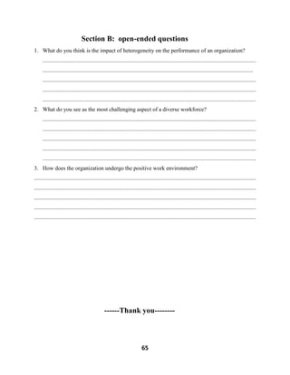 65
Section B: open-ended questions
1. What do you think is the impact of heterogeneity on the performance of an organization?
......................................................................................................................................................
....................................................................................................................................................
......................................................................................................................................................
......................................................................................................................................................
......................................................................................................................................................
2. What do you see as the most challenging aspect of a diverse workforce?
......................................................................................................................................................
......................................................................................................................................................
......................................................................................................................................................
......................................................................................................................................................
......................................................................................................................................................
3. How does the organization undergo the positive work environment?
............................................................................................................................................................
............................................................................................................................................................
............................................................................................................................................................
............................................................................................................................................................
............................................................................................................................................................
------Thank you--------
 