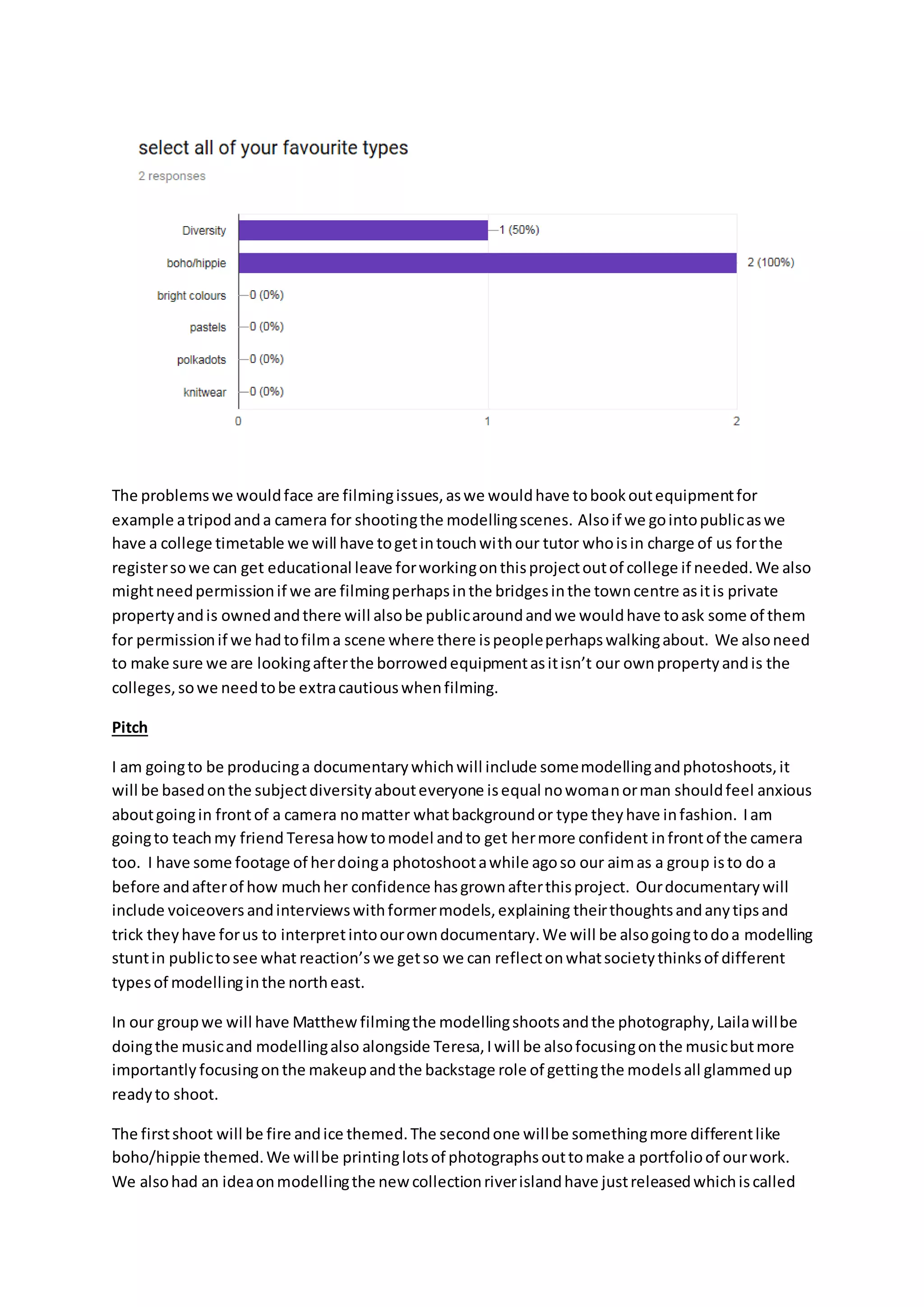 The problemswe wouldface are filmingissues,aswe wouldhave tobookoutequipmentfor
example atripodanda camera for shootingthe modellingscenes. Alsoif we gointopublicaswe
have a college timetable we will have togetintouchwithour tutor whoisin charge of us forthe
registersowe can get educational leave forworkingonthisprojectoutof college if needed.We also
mightneedpermissionif we are filmingperhapsinthe bridgesinthe towncentre asitis private
propertyandis ownedandthere will alsobe publicaroundandwe wouldhave toask some of them
for permissionif we hadtofilma scene where there ispeopleperhapswalkingabout. We alsoneed
to make sure we are lookingafterthe borrowedequipmentasitisn’t our ownpropertyandis the
colleges,sowe needtobe extracautiouswhenfilming.
Pitch
I am goingto be producinga documentarywhichwill include somemodellingandphotoshoots,it
will be basedonthe subjectdiversityabouteveryone isequal nowomanorman shouldfeel anxious
aboutgoingin frontof a camera nomatter whatbackgroundor type theyhave infashion. Iam
goingto teachmy friend Teresahowtomodel andto get hermore confident infrontof the camera
too. I have some footage of herdoinga photoshootawhile agoso our aimas a group isto do a
before andafterof how muchher confidence hasgrownafterthisproject. Ourdocumentarywill
include voiceovers andinterviewswithformermodels,explaining theirthoughtsandanytipsand
trick theyhave forus to interpretintoourowndocumentary.We will be alsogoingtodoa modelling
stuntin publictosee what reaction’s we getso we can reflectonwhatsocietythinksof different
typesof modellinginthe northeast.
In our groupwe will have Matthew filmingthe modellingshootsandthe photography,Lailawillbe
doingthe musicand modellingalso alongside Teresa,Iwill be alsofocusingonthe musicbutmore
importantly focusingonthe makeupandthe backstage role of gettingthe modelsall glammedup
readyto shoot.
The firstshoot will be fire andice themed.The secondone willbe somethingmore differentlike
boho/hippie themed.We willbe printinglotsof photographsouttomake a portfolioof ourwork.
We alsohad an ideaonmodellingthe new collectionriverislandhave justreleasedwhichiscalled
 
