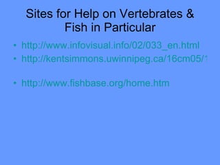 Sites for Help on Vertebrates & Fish in Particular http://www.infovisual.info/02/033_en.html http://kentsimmons.uwinnipeg.ca/16cm05/1116/chordate.htm   http://www.fishbase.org/home.htm   
