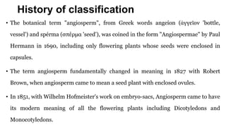 History of classification
• The botanical term "angiosperm", from Greek words angeíon (ἀγγεῖον 'bottle,
vessel') and spérma (σπέρμα 'seed'), was coined in the form "Angiospermae" by Paul
Hermann in 1690, including only flowering plants whose seeds were enclosed in
capsules.
• The term angiosperm fundamentally changed in meaning in 1827 with Robert
Brown, when angiosperm came to mean a seed plant with enclosed ovules.
• In 1851, with Wilhelm Hofmeister's work on embryo-sacs, Angiosperm came to have
its modern meaning of all the flowering plants including Dicotyledons and
Monocotyledons.
 