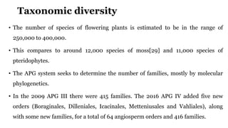 Taxonomic diversity
• The number of species of flowering plants is estimated to be in the range of
250,000 to 400,000.
• This compares to around 12,000 species of moss[29] and 11,000 species of
pteridophytes.
• The APG system seeks to determine the number of families, mostly by molecular
phylogenetics.
• In the 2009 APG III there were 415 families. The 2016 APG IV added five new
orders (Boraginales, Dilleniales, Icacinales, Metteniusales and Vahliales), along
with some new families, for a total of 64 angiosperm orders and 416 families.
 