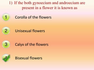 1) If the both gynoecium and androecium are
        present in a flower it is known as

   Corolla of the flowers


   Unisexual flowers


   Calyx of the flowers


   Bisexual flowers
 