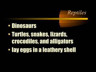 Reptiles
• Dinosaurs
• Turtles, snakes, lizards,
crocodiles, and alligators
• lay eggs in a leathery shell

 