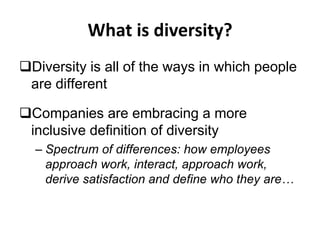 What is diversity?
Diversity is all of the ways in which people
are different
Companies are embracing a more
inclusive definition of diversity
– Spectrum of differences: how employees
approach work, interact, approach work,
derive satisfaction and define who they are…
 