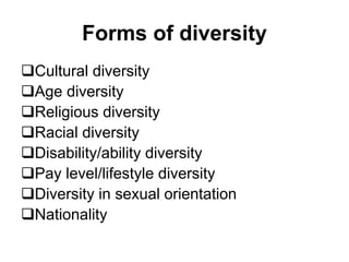 Forms of diversity
Cultural diversity
Age diversity
Religious diversity
Racial diversity
Disability/ability diversity
Pay level/lifestyle diversity
Diversity in sexual orientation
Nationality
 