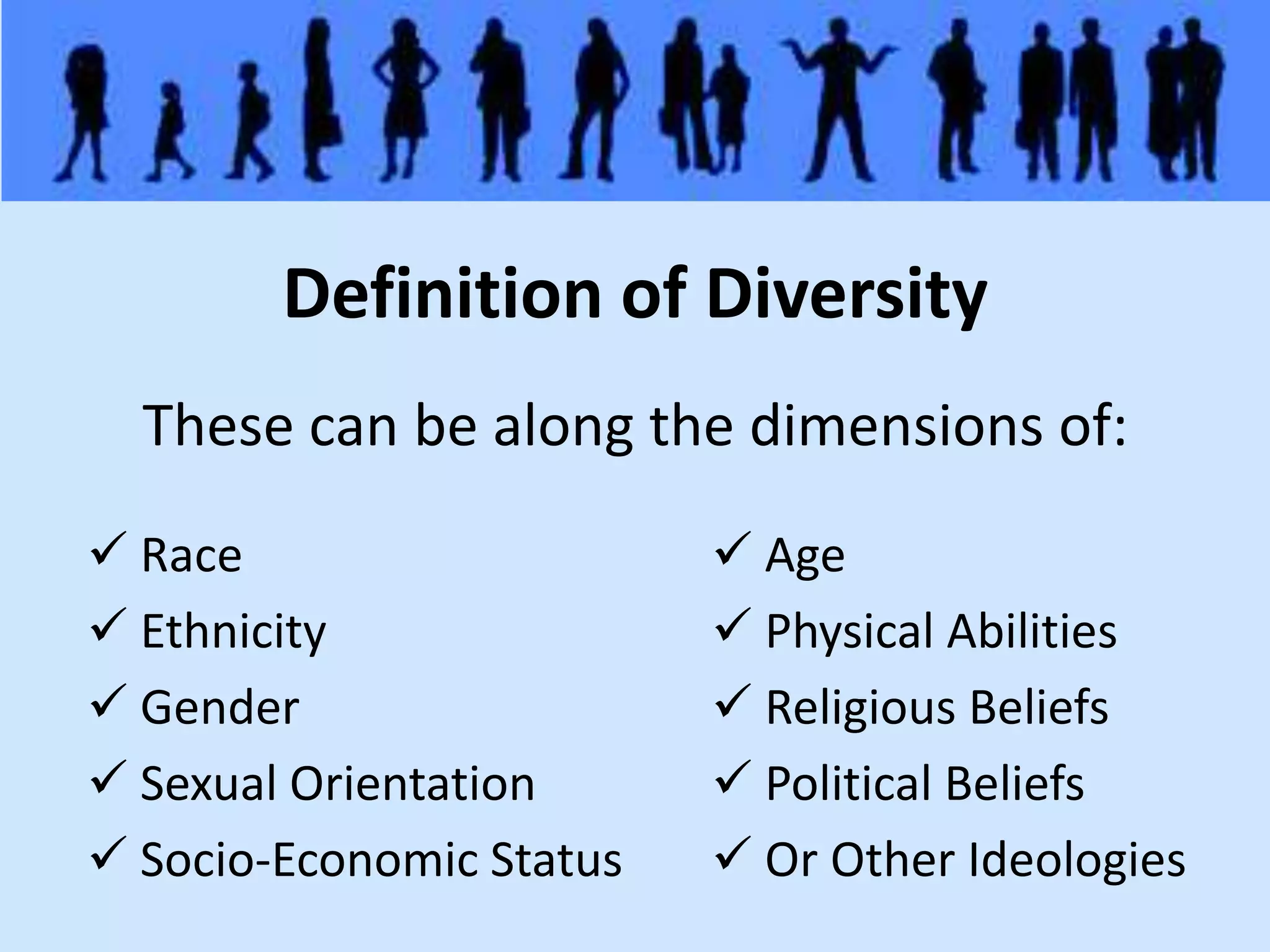 Definition of DiversityThese can be along the dimensions of: Race