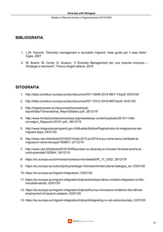 Diversity with Refugees
Master in Risorse Umane e Organizzazione 2019-2020
25
BIBLIOGRAFIA
1. L.M. Visconti, “Diversity management e lavoratori migranti, linee guida per il caso Italia”,
Egea, 2007
2. M. Buemi, M. Conte, G. Guazzo, “Il Diversity Management per una crescita inclusiva –
Strategie e strumenti”, Franco Angeli editore, 2015
SITOGRAFIA
1. http://data.consilium.europa.eu/doc/document/ST-13646-2015-REV-1/it/pdf; 03/01/20
2. http://data.consilium.europa.eu/doc/document/ST-15312-2016-INIT/it/pdf; 04/01/20
3. http://migrempower.eu/resources/transnational-
report/italy/Transnational_Report(Italian).pdf; 28/12/19
4. http://www.fondazioneleonemoressa.org/newsite/wp-content/uploads/2015/11/Atti-
convegno_Rapporto-20151.pdf.; 28/12/19
5. http://www.integrazionemigranti.gov.it/Attualita/Notizie/Pagine/Indici-di-integrazione-dei-
migranti.aspx; 04/01/20
6. http://www.vita.it/it/article/2019/02/14/dal-2015-al-2018-ecco-come-sono-cambiate-le-
migrazioni-verso-leuropa/150681/; 27/12/19
7. http://www.vita.it/it/article/2019/10/09/puntare-su-diversity-e-inclusion-fa-bene-anche-ai-
conti-aziendali/152904/; 24/12/19
8. https://ec.europa.eu/commission/presscorner/detail/it/IP_17_5352; 29/12/19
9. https://ec.europa.eu/culture/policy/strategic-framework/intercultural-dialogue_en; 03/01/20
10. https://ec.europa.eu/migrant-integration/; 03/01/20
11. https://ec.europa.eu/migrant-integration/intpract/anabasi-labour-market-integration-in-the-
industrial-sector; 03/01/20
12. https://ec.europa.eu/migrant-integration/intpract/humus-innovative-model-for-the-ethical-
employment-of-asylum-seekers; 03/01/20
13. https://ec.europa.eu/migrant-integration/intpract/integrating-in-val-camonica-italy; 03/01/20
 