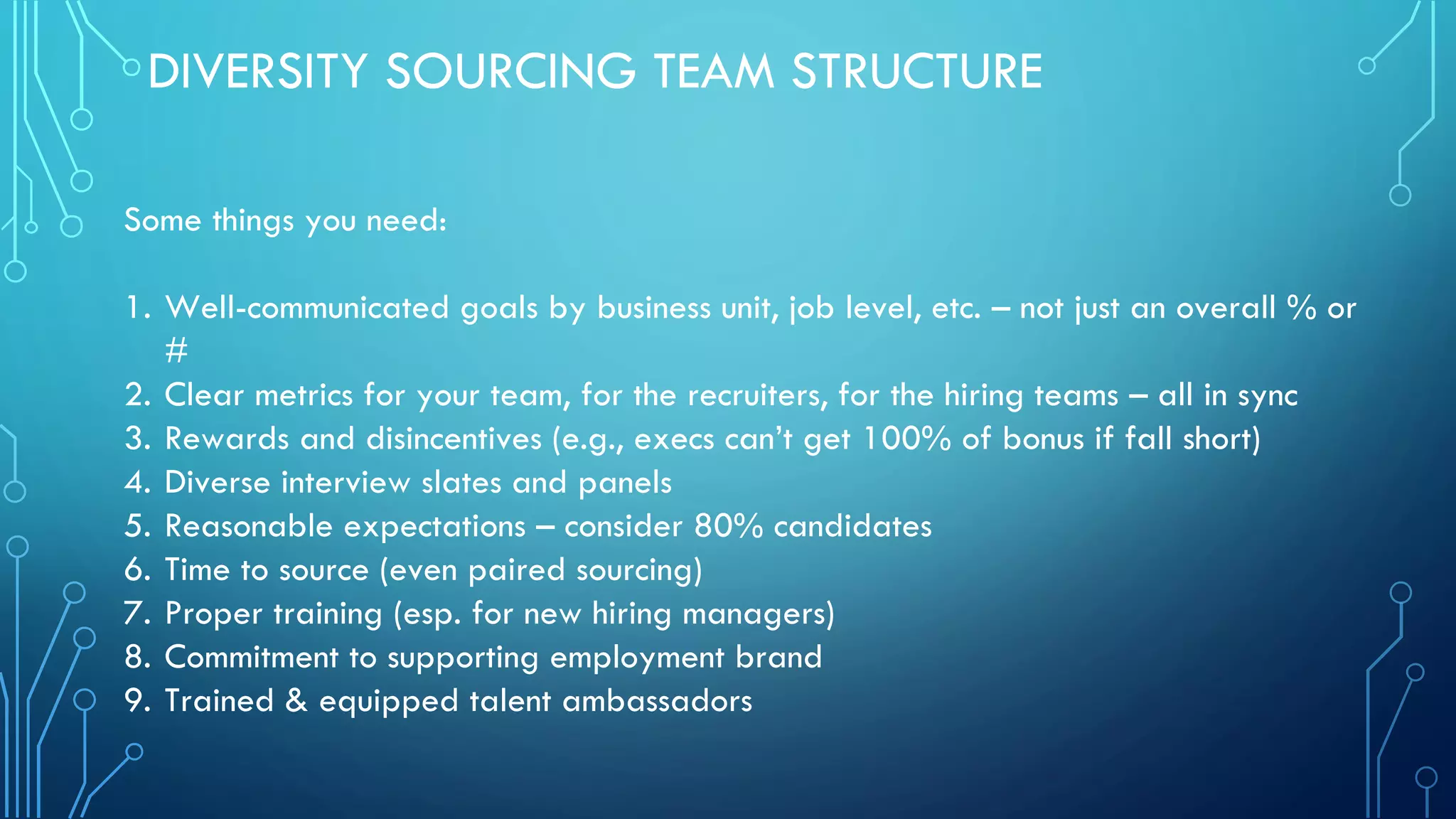 DIVERSITY SOURCING TEAM STRUCTURE
Some things you need:
1. Well-communicated goals by business unit, job level, etc. – not just an overall % or
#
2. Clear metrics for your team, for the recruiters, for the hiring teams – all in sync
3. Rewards and disincentives (e.g., execs can’t get 100% of bonus if fall short)
4. Diverse interview slates and panels
5. Reasonable expectations – consider 80% candidates
6. Time to source (even paired sourcing)
7. Proper training (esp. for new hiring managers)
8. Commitment to supporting employment brand
9. Trained & equipped talent ambassadors
 