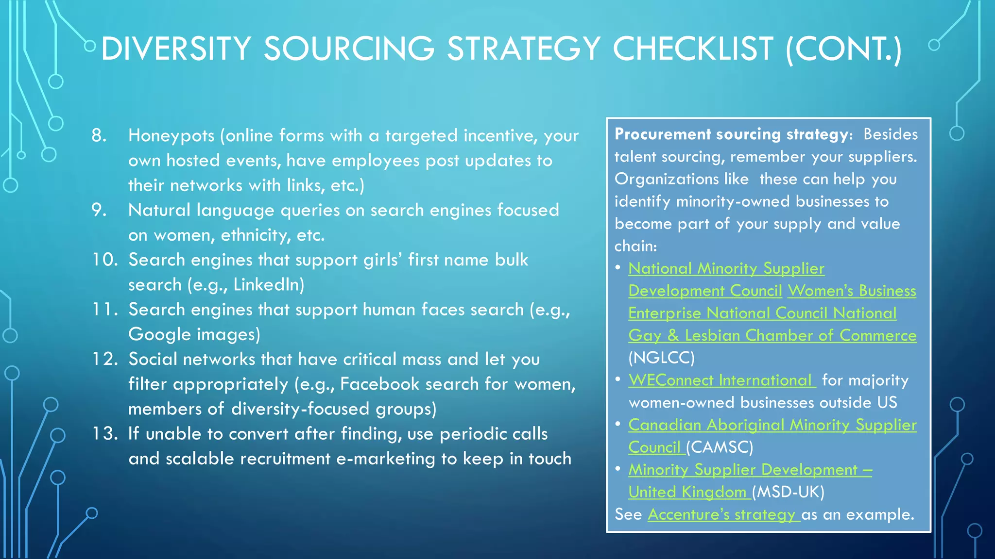DIVERSITY SOURCING STRATEGY CHECKLIST (CONT.)
8. Honeypots (online forms with a targeted incentive, your
own hosted events, have employees post updates to
their networks with links, etc.)
9. Natural language queries on search engines focused
on women, ethnicity, etc.
10. Search engines that support girls’ first name bulk
search (e.g., LinkedIn)
11. Search engines that support human faces search (e.g.,
Google images)
12. Social networks that have critical mass and let you
filter appropriately (e.g., Facebook search for women,
members of diversity-focused groups)
13. If unable to convert after finding, use periodic calls
and scalable recruitment e-marketing to keep in touch
Procurement sourcing strategy: Besides
talent sourcing, remember your suppliers.
Organizations like these can help you
identify minority-owned businesses to
become part of your supply and value
chain:
• National Minority Supplier
Development Council Women’s Business
Enterprise National Council National
Gay & Lesbian Chamber of Commerce
(NGLCC)
• WEConnect International for majority
women-owned businesses outside US
• Canadian Aboriginal Minority Supplier
Council (CAMSC)
• Minority Supplier Development –
United Kingdom (MSD-UK)
See Accenture’s strategy as an example.
 