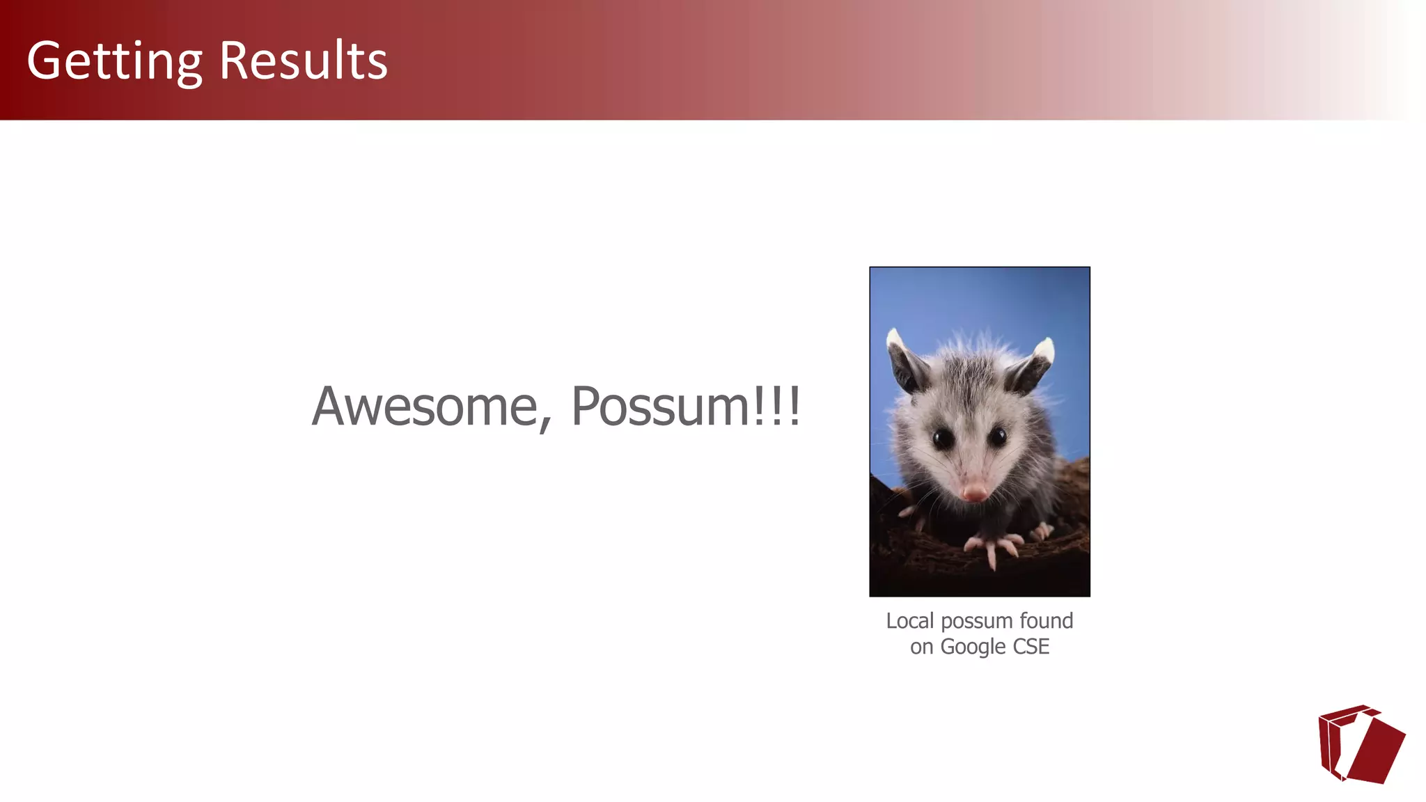 Awesome, Possum!!!
Local possum found
on Google CSE
Getting Results
 