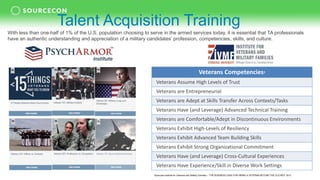 Talent Acquisition Training
With less than one-half of 1% of the U.S. population choosing to serve in the armed services today, it is essential that TA professionals
have an authentic understanding and appreciation of a military candidates’ profession, competencies, skills, and culture.
Veterans Competencies1
Veterans Assume High Levels of Trust
Veterans are Entrepreneurial
Veterans are Adept at Skills Transfer Across Contexts/Tasks
Veterans Have (and Leverage) Advanced Technical Training
Veterans are Comfortable/Adept in Discontinuous Environments
Veterans Exhibit High-Levels of Resiliency
Veterans Exhibit Advanced Team Building Skills
Veterans Exhibit Strong Organizational Commitment
Veterans Have (and Leverage) Cross-Cultural Experiences
Veterans Have Experience/Skill in Diverse Work Settings
1Syracuse Institute for Veterans and Military Families – “THE BUSINESS CASE FOR HIRING A VETERAN BEYOND THE CLICHÉS” 2012
 
