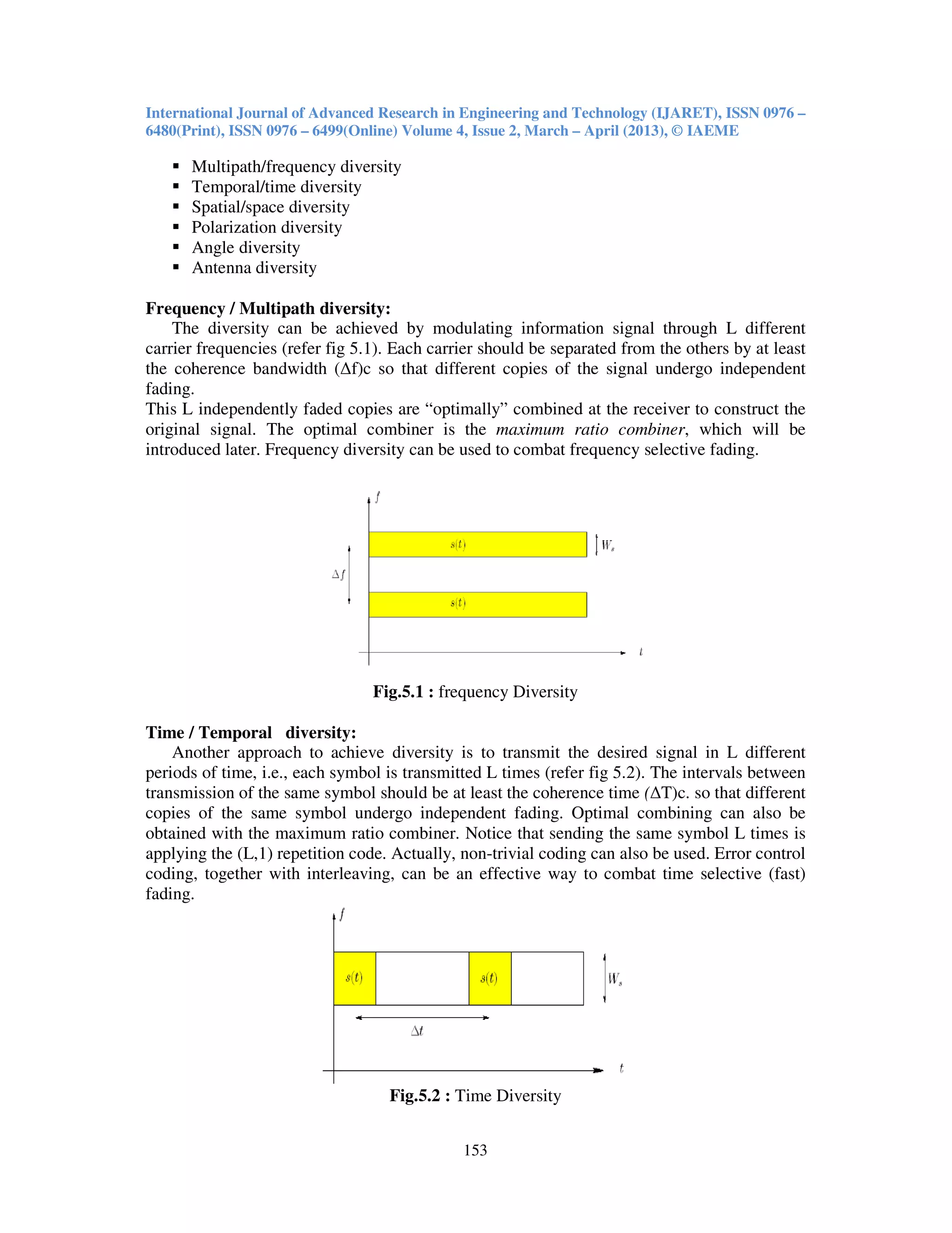 International Journal of Advanced Research in Engineering and Technology (IJARET), ISSN 0976 –
6480(Print), ISSN 0976 – 6499(Online) Volume 4, Issue 2, March – April (2013), © IAEME
153
Multipath/frequency diversity
Temporal/time diversity
Spatial/space diversity
Polarization diversity
Angle diversity
Antenna diversity
Frequency / Multipath diversity:
The diversity can be achieved by modulating information signal through L different
carrier frequencies (refer fig 5.1). Each carrier should be separated from the others by at least
the coherence bandwidth (∆f)c so that different copies of the signal undergo independent
fading.
This L independently faded copies are “optimally” combined at the receiver to construct the
original signal. The optimal combiner is the maximum ratio combiner, which will be
introduced later. Frequency diversity can be used to combat frequency selective fading.
Fig.5.1 : frequency Diversity
Time / Temporal diversity:
Another approach to achieve diversity is to transmit the desired signal in L different
periods of time, i.e., each symbol is transmitted L times (refer fig 5.2). The intervals between
transmission of the same symbol should be at least the coherence time (∆T)c. so that different
copies of the same symbol undergo independent fading. Optimal combining can also be
obtained with the maximum ratio combiner. Notice that sending the same symbol L times is
applying the (L,1) repetition code. Actually, non-trivial coding can also be used. Error control
coding, together with interleaving, can be an effective way to combat time selective (fast)
fading.
Fig.5.2 : Time Diversity
 