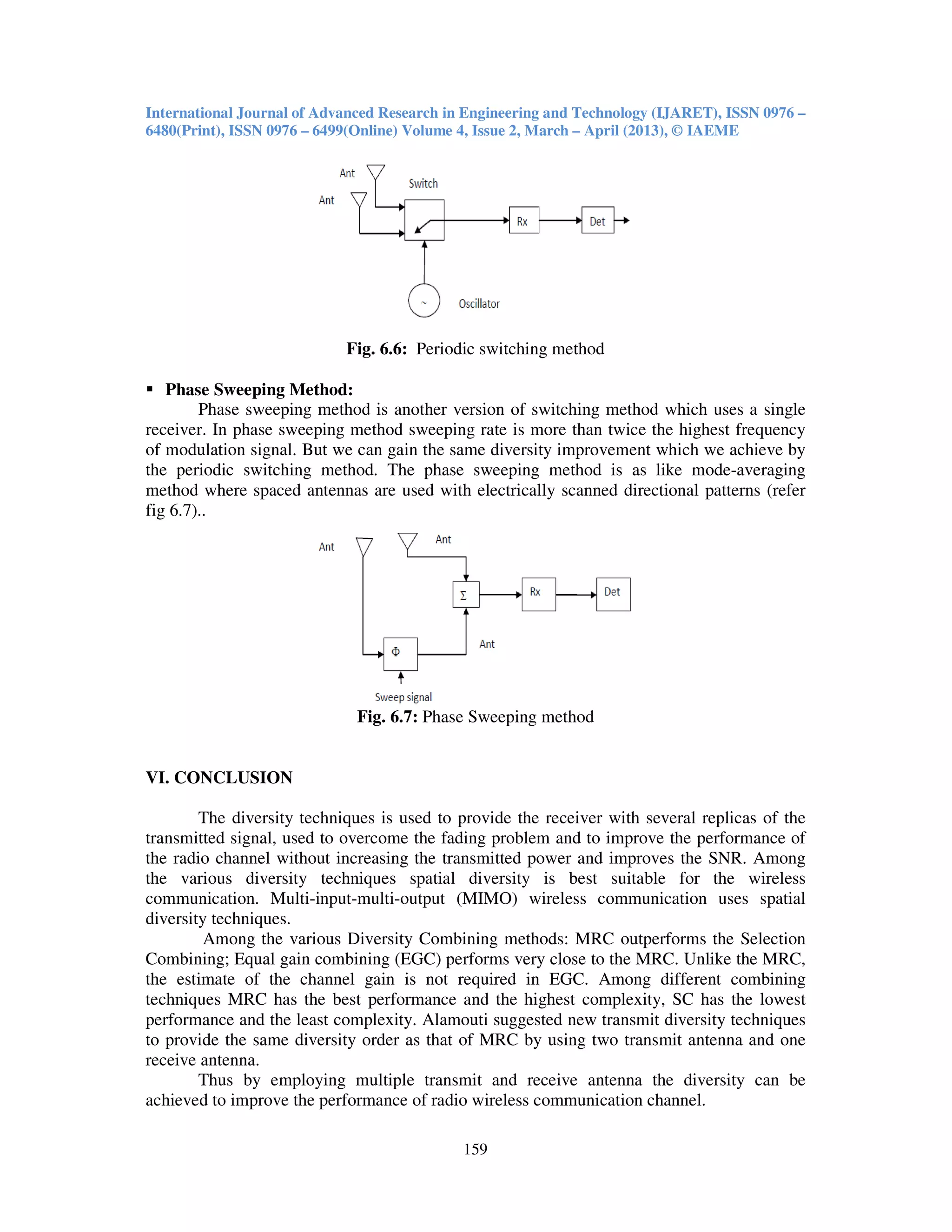 International Journal of Advanced Research in Engineering and Technology (IJARET), ISSN 0976 –
6480(Print), ISSN 0976 – 6499(Online) Volume 4, Issue 2, March – April (2013), © IAEME
159
Fig. 6.6: Periodic switching method
Phase Sweeping Method:
Phase sweeping method is another version of switching method which uses a single
receiver. In phase sweeping method sweeping rate is more than twice the highest frequency
of modulation signal. But we can gain the same diversity improvement which we achieve by
the periodic switching method. The phase sweeping method is as like mode-averaging
method where spaced antennas are used with electrically scanned directional patterns (refer
fig 6.7)..
Fig. 6.7: Phase Sweeping method
VI. CONCLUSION
The diversity techniques is used to provide the receiver with several replicas of the
transmitted signal, used to overcome the fading problem and to improve the performance of
the radio channel without increasing the transmitted power and improves the SNR. Among
the various diversity techniques spatial diversity is best suitable for the wireless
communication. Multi-input-multi-output (MIMO) wireless communication uses spatial
diversity techniques.
Among the various Diversity Combining methods: MRC outperforms the Selection
Combining; Equal gain combining (EGC) performs very close to the MRC. Unlike the MRC,
the estimate of the channel gain is not required in EGC. Among different combining
techniques MRC has the best performance and the highest complexity, SC has the lowest
performance and the least complexity. Alamouti suggested new transmit diversity techniques
to provide the same diversity order as that of MRC by using two transmit antenna and one
receive antenna.
Thus by employing multiple transmit and receive antenna the diversity can be
achieved to improve the performance of radio wireless communication channel.
 