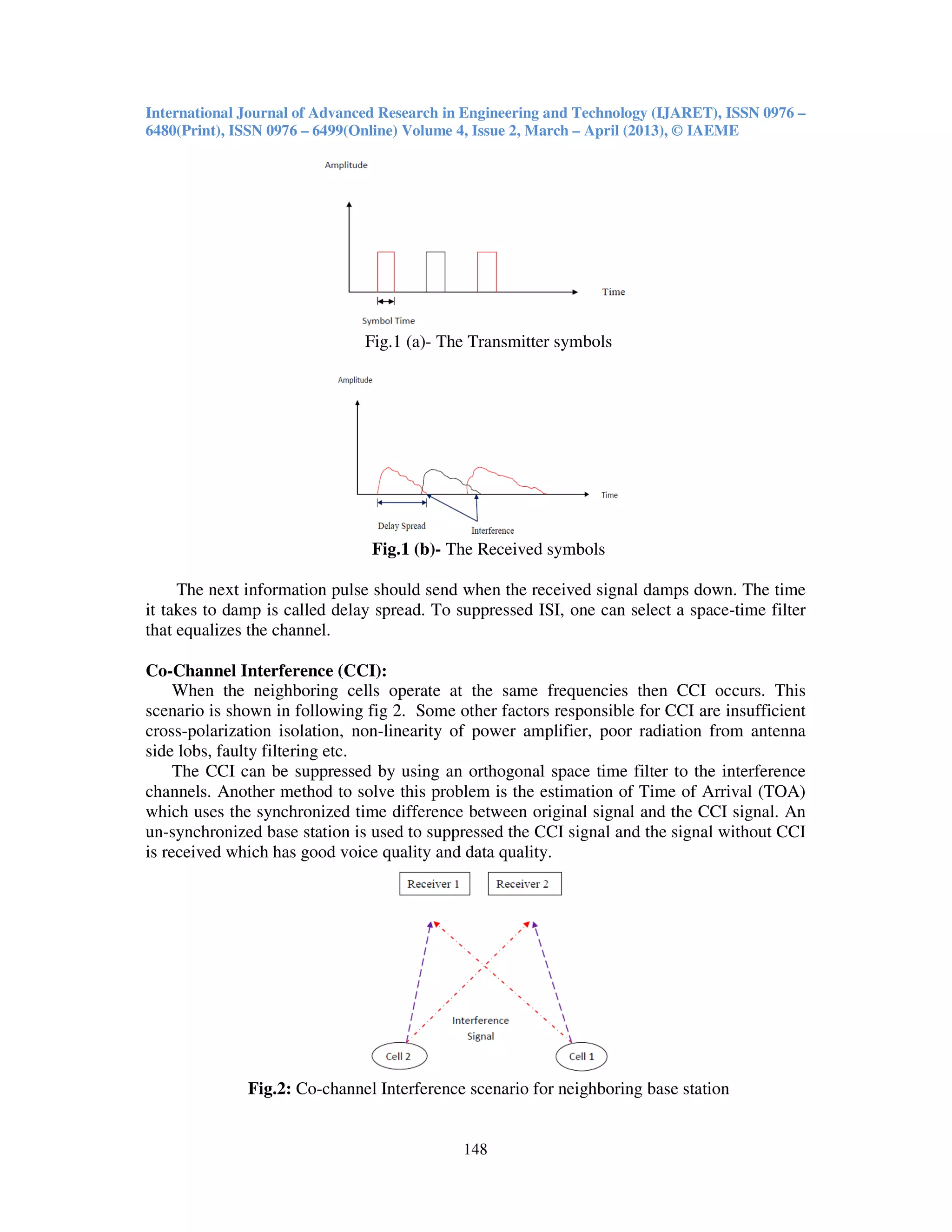 International Journal of Advanced Research in Engineering and Technology (IJARET), ISSN 0976 –
6480(Print), ISSN 0976 – 6499(Online) Volume 4, Issue 2, March – April (2013), © IAEME
148
Fig.1 (a)- The Transmitter symbols
Fig.1 (b)- The Received symbols
The next information pulse should send when the received signal damps down. The time
it takes to damp is called delay spread. To suppressed ISI, one can select a space-time filter
that equalizes the channel.
Co-Channel Interference (CCI):
When the neighboring cells operate at the same frequencies then CCI occurs. This
scenario is shown in following fig 2. Some other factors responsible for CCI are insufficient
cross-polarization isolation, non-linearity of power amplifier, poor radiation from antenna
side lobs, faulty filtering etc.
The CCI can be suppressed by using an orthogonal space time filter to the interference
channels. Another method to solve this problem is the estimation of Time of Arrival (TOA)
which uses the synchronized time difference between original signal and the CCI signal. An
un-synchronized base station is used to suppressed the CCI signal and the signal without CCI
is received which has good voice quality and data quality.
Fig.2: Co-channel Interference scenario for neighboring base station
 