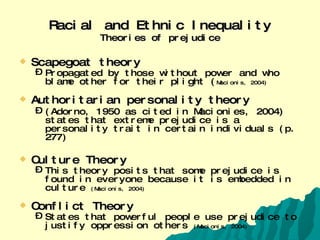 Racial and Ethnic Inequality Theories of prejudice Scapegoat theory Propagated by those without power and who blame other for their plight ( Macionis, 2004) Authoritarian personality theory (Adorno, 1950 as cited in Macionies, 2004) states that extreme prejudice is a personality trait in certain individuals (p. 277) Culture Theory This theory posits that some prejudice is found in everyone because it is embedded in culture  (Macionis, 2004) Conflict Theory States that powerful people use prejudice to justify oppression others  (Macionis, 2004) 