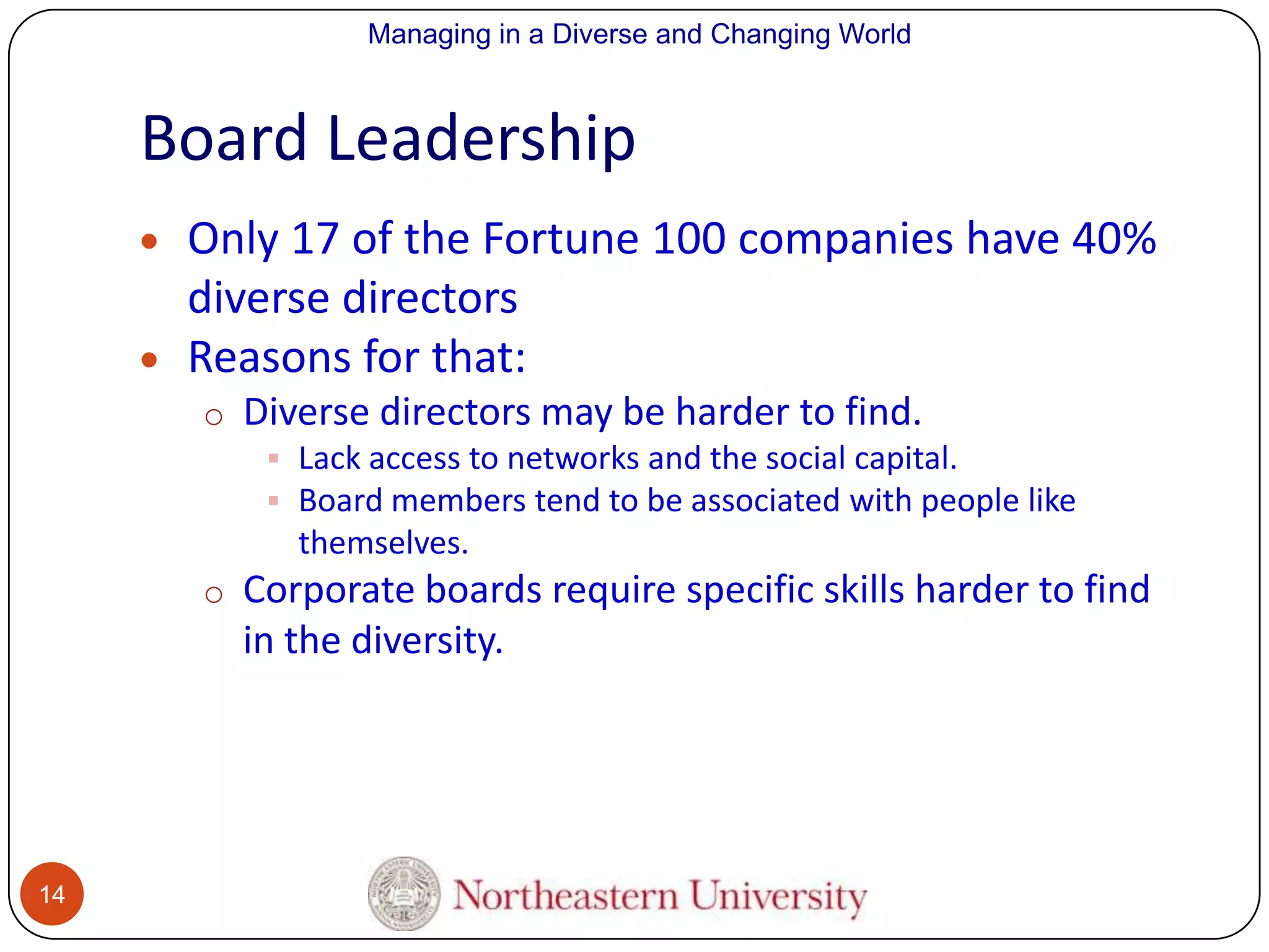 Managing in a Diverse and Changing World

Board Leadership
Only 17 of the Fortune 100 companies have 40%
diverse directors
Reasons for that:
o Diverse directors may be harder to find.
 Lack access to networks and the social capital.
 Board members tend to be associated with people like
themselves.
o Corporate boards require specific skills harder to find

in the diversity.

14

 