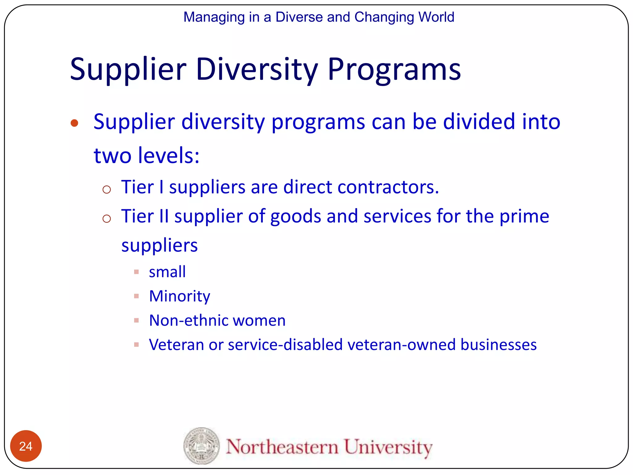 Managing in a Diverse and Changing World

Supplier Diversity Programs
Supplier diversity programs can be divided into
two levels:
o Tier I suppliers are direct contractors.
o Tier II supplier of goods and services for the prime

suppliers
 small
 Minority
 Non-ethnic women
 Veteran or service-disabled veteran-owned businesses

24

 