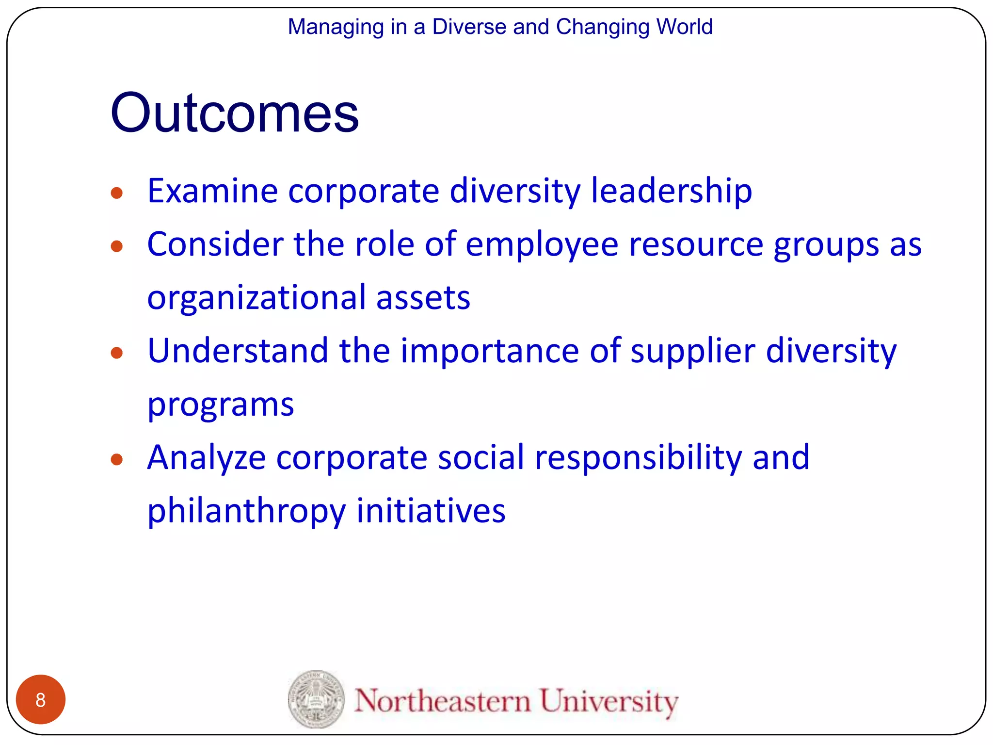 Managing in a Diverse and Changing World

Outcomes
Examine corporate diversity leadership
Consider the role of employee resource groups as
organizational assets
Understand the importance of supplier diversity
programs
Analyze corporate social responsibility and
philanthropy initiatives

8

 