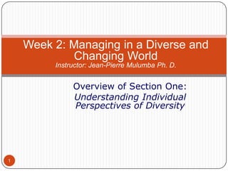 Week 2: Managing in a Diverse and
Changing World
Instructor: Jean-Pierre Mulumba Ph. D.

Overview of Section One:
Understanding Individual
Perspectives of Diversity

1

 