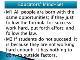  M1  All people are born with the
  same opportunities; if they just
  follow the formula for success:
  work hard, put forth effort, and
  follow the law.
 M2 If students do not succeed, it
  is because they are not working
  hard enough. It has nothing to
  do with outside factors.
 