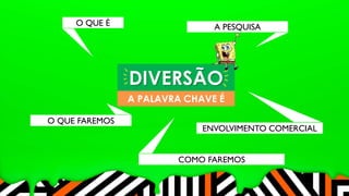 O QUE É 
A PESQUISA 
O QUE FAREMOS 
DIVERSÃO 
A PALAVRA CHAVE É 
ENVOLVIMENTO COMERCIAL 
COMO FAREMOS 
 