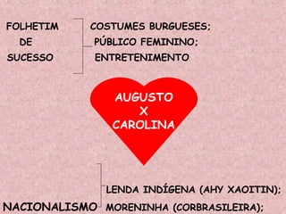 FOLHETIM   COSTUMES BURGUESES; DE  PÚBLICO FEMININO; SUCESSO  ENTRETENIMENTO LENDA INDÍGENA (AHY XAOITIN); NACIONALISMO   MORENINHA (CORBRASILEIRA); CENÁRIO IDÍLICO. AUGUSTO X CAROLINA 