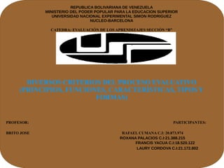 REPUBLICA BOLIVARIANA DE VENEZUELA
MINISTERIO DEL PODER POPULAR PARA LA EDUCACION SUPERIOR
UNIVERSIDAD NACIONAL EXPERIMENTAL SIMON RODRIGUEZ
NUCLEO-BARCELONA
CATEDRA: EVALUACIÓN DE LOS APRENDIZAJES SECCIÓN “B”
DIVERSOS CRITERIOS DEL PROCESO EVALUATIVO
(PRINCIPIOS, FUNCIONES, CARACTERÍSTICAS, TIPOS Y
FORMAS)
PROFESOR: PARTICIPANTES:
BRITO JOSE RAFAEL CUMANA C.I: 20.873.974
ROXANA PALACIOS C.I:21.388.215
FRANCIS YACUA C.I:18.520.122
LAURY CORDOVA C.I:21.172.802
 