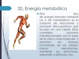 20. Energía metabólica
 Este
tipo
de energía llamada metabóli
ca o de metabolismo es el
conjunto de reacciones y
procesos físico-químicos que
ocurren en una célula. Estos
complejos
procesos
interrelacionados son la base
de la vida a nivel molecular, y
permiten
las
diversas
actividades de las células:
crecer,
reproducirse,
mantener sus estructuras,
responder a estímulos, etc.

 