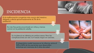 INCIDENCIA
Es la malformación congénita más común del intestino
delgado y afecta aproximadamente al 2% de la
población.
Es más frecuente encontrado en niños y menos
común en la población adulta.
Su incidencia es idéntica en ambos sexos. Pero las
complicaciones son de 3 a 4 veces mayor en varones.
El diagnóstico suele hacerse en la infancia, entre el
50% y 60% de los pacientes que desarrollan
síntomas son menores de 2 años de edad.
 