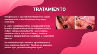 TRATAMIENTO
Por lo general, no se requiere tratamiento especíﬁco, aunque a
veces es necesaria la resección de divertículos grandes o
sintomáticos.
La sección endoscópica del tabique común esofagodiverticular
(puente de tejido entre la bolsa del divertículo y la luz esofógica)
mediante electrocoagulación, láser CO2 o sutura mecánica,
consigue seccionar el músculo cricofaríngeo y aumentar el
diámetro de la boca del divertículo facilitando así su vaciamiento en
el esófago.
El tratamiento endoscópico requiere un ingreso hospitalario de
menor duración que el quirúrgico (1-2 días), con una recuperación
posterior rápida, permitiendo una ingesta oral precoz.
 