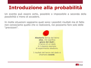Un evento può essere certo, possibile o impossibile a seconda della
possibilità o meno di accadere.
In molte situazioni sappiamo quali sono i possibili risultati ma di fatto
non conosciamo quello che si realizzerà, noi possiamo fare solo delle
“previsioni”.
Introduzione alla probabilità
Aleatorio deriva dal latino
alea, che significa
«gioco dei dadi».
Il lancio di un dado
è il classico esempio
di esperimento aleatorio.
I risultati del lancio del dado si
chiamano eventi.
 