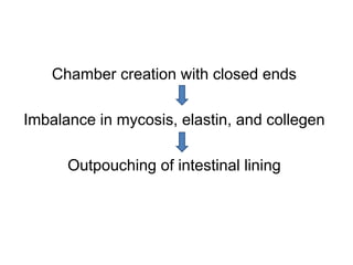 Chamber creation with closed ends
Imbalance in mycosis, elastin, and collegen
Outpouching of intestinal lining
 