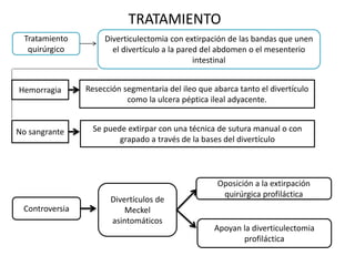 TRATAMIENTO
Tratamiento
quirúrgico
Diverticulectomia con extirpación de las bandas que unen
el divertículo a la pared del abdomen o el mesenterio
intestinal
Hemorragia Resección segmentaria del ileo que abarca tanto el divertículo
como la ulcera péptica ileal adyacente.
No sangrante Se puede extirpar con una técnica de sutura manual o con
grapado a través de la bases del divertículo
Controversia
Divertículos de
Meckel
asintomáticos
Oposición a la extirpación
quirúrgica profiláctica
Apoyan la diverticulectomia
profiláctica
 