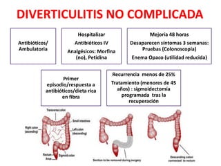 DIVERTICULITIS NO COMPLICADA
Antibióticos/
Ambulatoria
Hospitalizar
Antibióticos IV
Analgésicos: Morfina
(no), Petidina
Mejoría 48 horas
Desaparecen síntomas 3 semanas:
Pruebas (Colonoscopía)
Enema Opaco (utilidad reducida)
Primer
episodio/respuesta a
antibióticos/dieta rica
en fibra
Recurrencia menos de 25%
Tratamiento (menores de 45
años) : sigmoidectomía
programada tras la
recuperación
 
