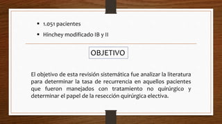El objetivo de esta revisión sistemática fue analizar la literatura
para determinar la tasa de recurrencia en aquellos pacientes
que fueron manejados con tratamiento no quirúrgico y
determinar el papel de la resección quirúrgica electiva.
 1.051 pacientes
 Hinchey modificado IB y II
OBJETIVO
 