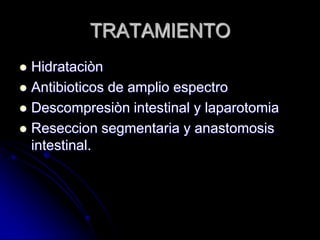TRATAMIENTO
 Hidrataciòn
 Antibioticos de amplio espectro
 Descompresiòn intestinal y laparotomia
 Reseccion segmentaria y anastomosis
  intestinal.
 
