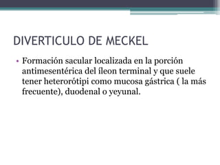DIVERTICULO DE MECKEL
• Formación sacular localizada en la porción
  antimesentérica del íleon terminal y que suele
  tener heterorótipi como mucosa gástrica ( la más
  frecuente), duodenal o yeyunal.
 
