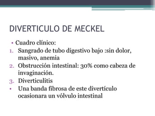 DIVERTICULO DE MECKEL
 • Cuadro clínico:
1. Sangrado de tubo digestivo bajo :sin dolor,
    masivo, anemia
2. Obstrucción intestinal: 30% como cabeza de
    invaginación.
3. Diverticulitis
• Una banda fibrosa de este divertículo
    ocasionara un vólvulo intestinal
 