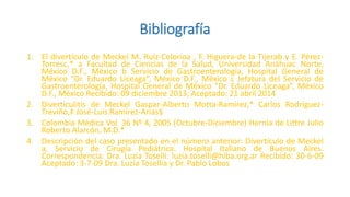 Bibliografía
1. El divertículo de Meckel M. Ruíz-Celorioa , F. Higuera-de la Tijerab y E. Pérez-
Torresc,* a Facultad de Ciencias de la Salud, Universidad Anáhuac Norte,
México D.F., México b Servicio de Gastroenterología, Hospital General de
México “Dr. Eduardo Liceaga”, México D.F., México c Jefatura del Servicio de
Gastroenterología, Hospital General de México “Dr. Eduardo Liceaga”, México
D.F., México Recibido: 09 diciembre 2013; Aceptado: 21 abril 2014
2. Diverticulitis de Meckel Gaspar-Alberto Motta-Ramírez,* Carlos Rodríguez-
Treviño,‡ José-Luis Ramírez-Arias§
3. Colombia Médica Vol. 36 Nº 4, 2005 (Octubre-Diciembre) Hernia de Littre Julio
Roberto Alarcón, M.D.*
4. Descripción del caso presentado en el número anterior: Divertículo de Meckel
a. Servicio de Cirugía Pediátrica. Hospital Italiano de Buenos Aires.
Correspondencia: Dra. Luzia Toselli: luzia.toselli@hiba.org.ar Recibido: 30-6-09
Aceptado: 3-7-09 Dra. Luzia Tosellia y Dr. Pablo Lobos
 
