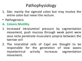 Pathophysiology
1. Site: mainly the sigmoid colon but may involve the
entire colon but never the rectum.
• Pathogenesis
A. Colonic Motility
1. Increased intraluminal pressure by segmentation
movement, push mucosa through week point were
vasa recta penetrate muscularis propria between the
taeniae coli
2. The interstitial cells of Cajal are thought to be
responsible for the generation of slow waves
myoelectrical activity increases segmentation
movement.
 