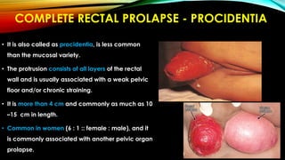 COMPLETE RECTAL PROLAPSE - PROCIDENTIA
• It is also called as procidentia, is less common
than the mucosal variety.
• The protrusion consists of all layers of the rectal
wall and is usually associated with a weak pelvic
floor and/or chronic straining.
• It is more than 4 cm and commonly as much as 10
–15 cm in length.
• Common in women (6 : 1 :: female : male), and it
is commonly associated with another pelvic organ
prolapse.
 