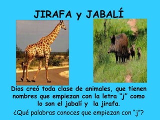 JIRAFA y JABALÍ
Dios creó toda clase de animales, que tienen
nombres que empiezan con la letra “j” como
lo son el jabalí y la jirafa.
¿Qué palabras conoces que empiezan con “j”?
 