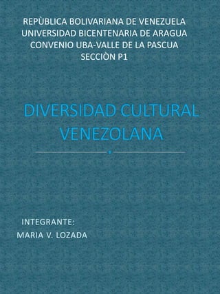 INTEGRANTE:
MARIA V. LOZADA
REPÙBLICA BOLIVARIANA DE VENEZUELA
UNIVERSIDAD BICENTENARIA DE ARAGUA
CONVENIO UBA-VALLE DE LA PASCUA
SECCIÒN P1
 