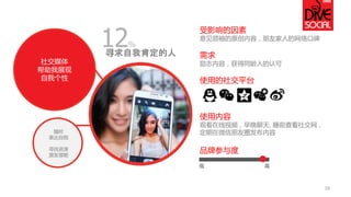 社交媒体 
帮助我展现 
自我个性 
寻求自我肯定的人 
受影响的因素 
意见领袖的原创内容，朋友家人的网络口碑 
需求 
励志内容，获得同龄人的认可 
使用的社交平台 
使用内容 
观看在线视频，早晚聊天, 睡前查看社交网， 
定期在微信朋友圈发布内容 
品牌参与度 
低 
高 
随时 
表达自我 
寻找资源 
激发潜能 
16 
12%  
